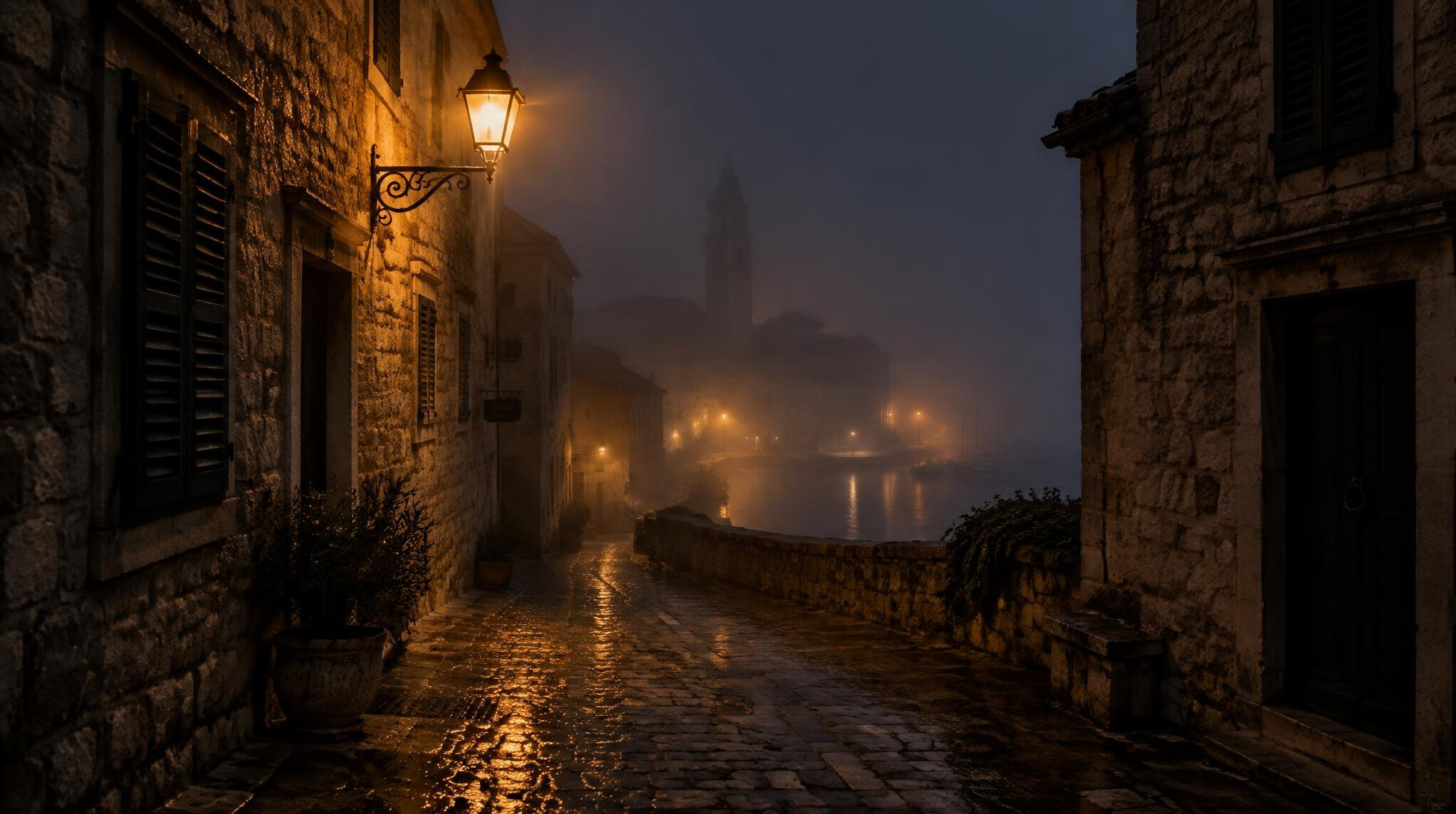 Foggy cobblestone street in an old Adriatic town at night