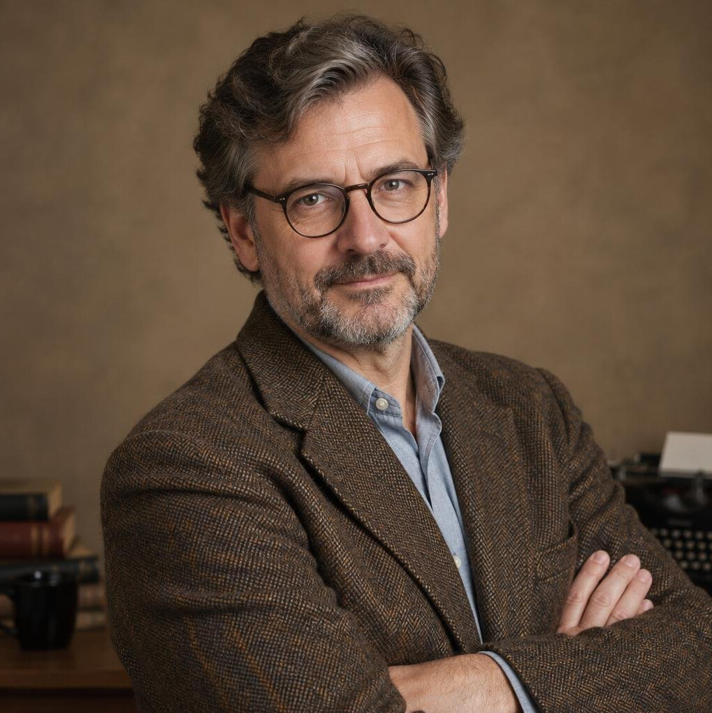 Portrait of a Croatian mystery novelist in his fifties wearing a tweed jacket