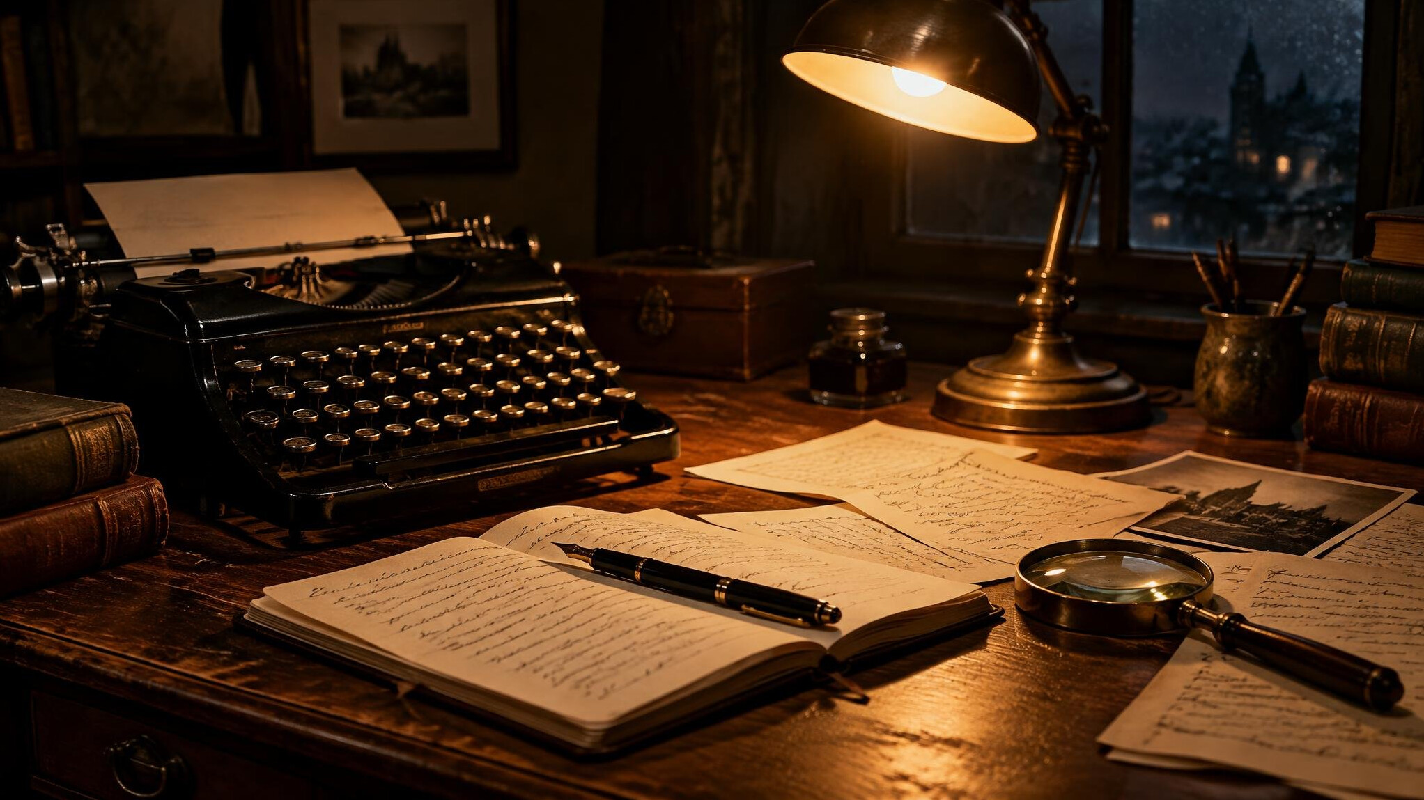 Vintage writer's desk with typewriter, manuscript pages and a fountain pen